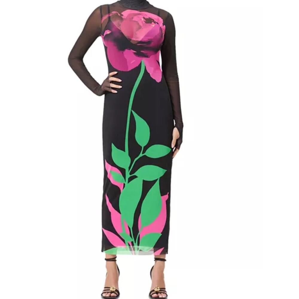 AFRM Shailene Black Pink Floral Mesh Turtleneck Maxi Dress Sz M